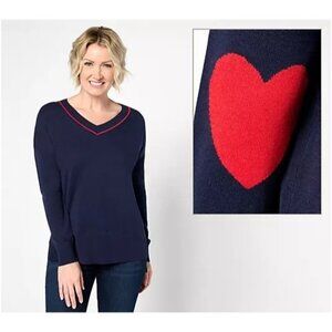 Studio Park Amy Stran Galentines V-Neck Heart Sleeve Navy Red Women Size X Large